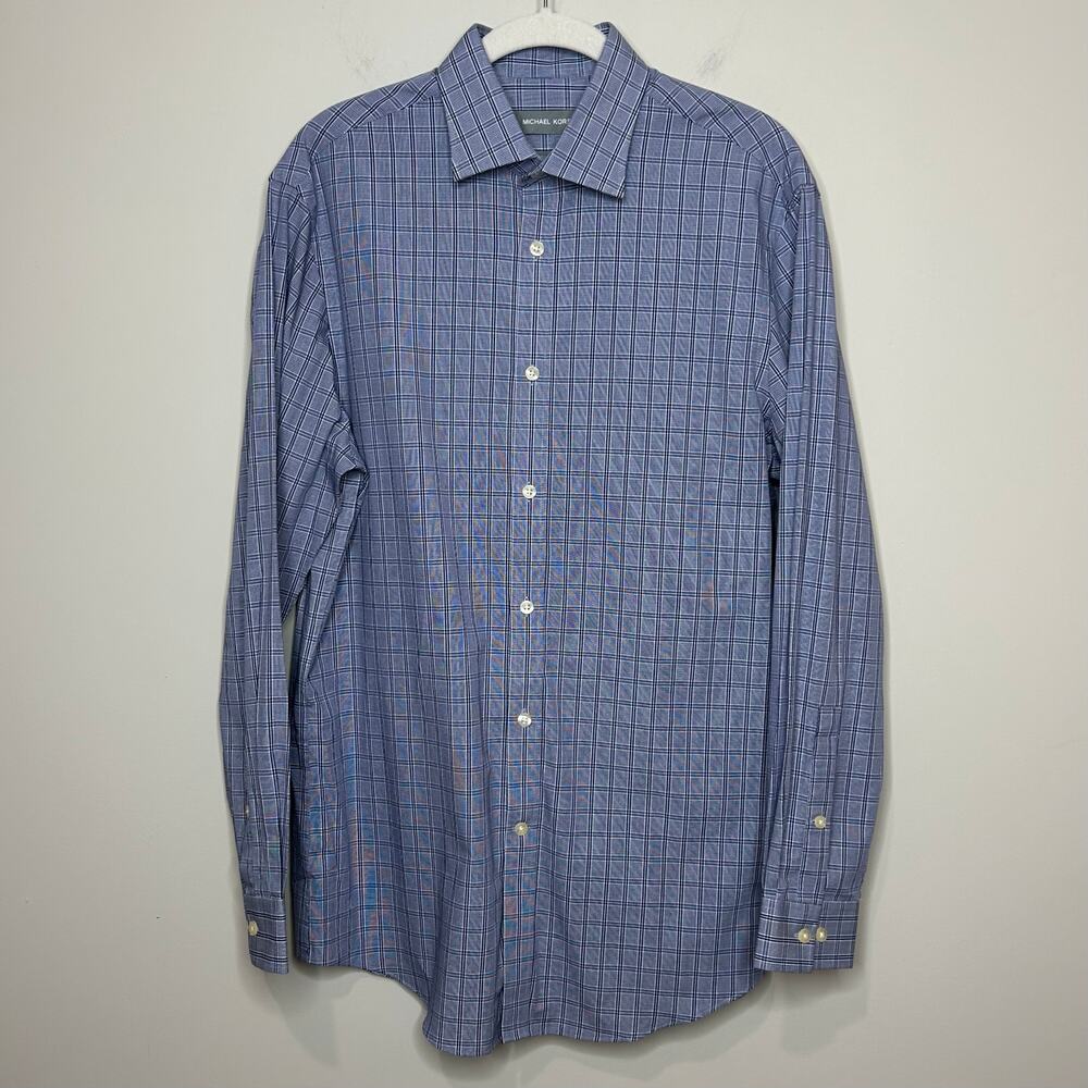 Michael Kors Blue and White Plaid Dress Shirt 15-15.5 32/33 Regular Fit